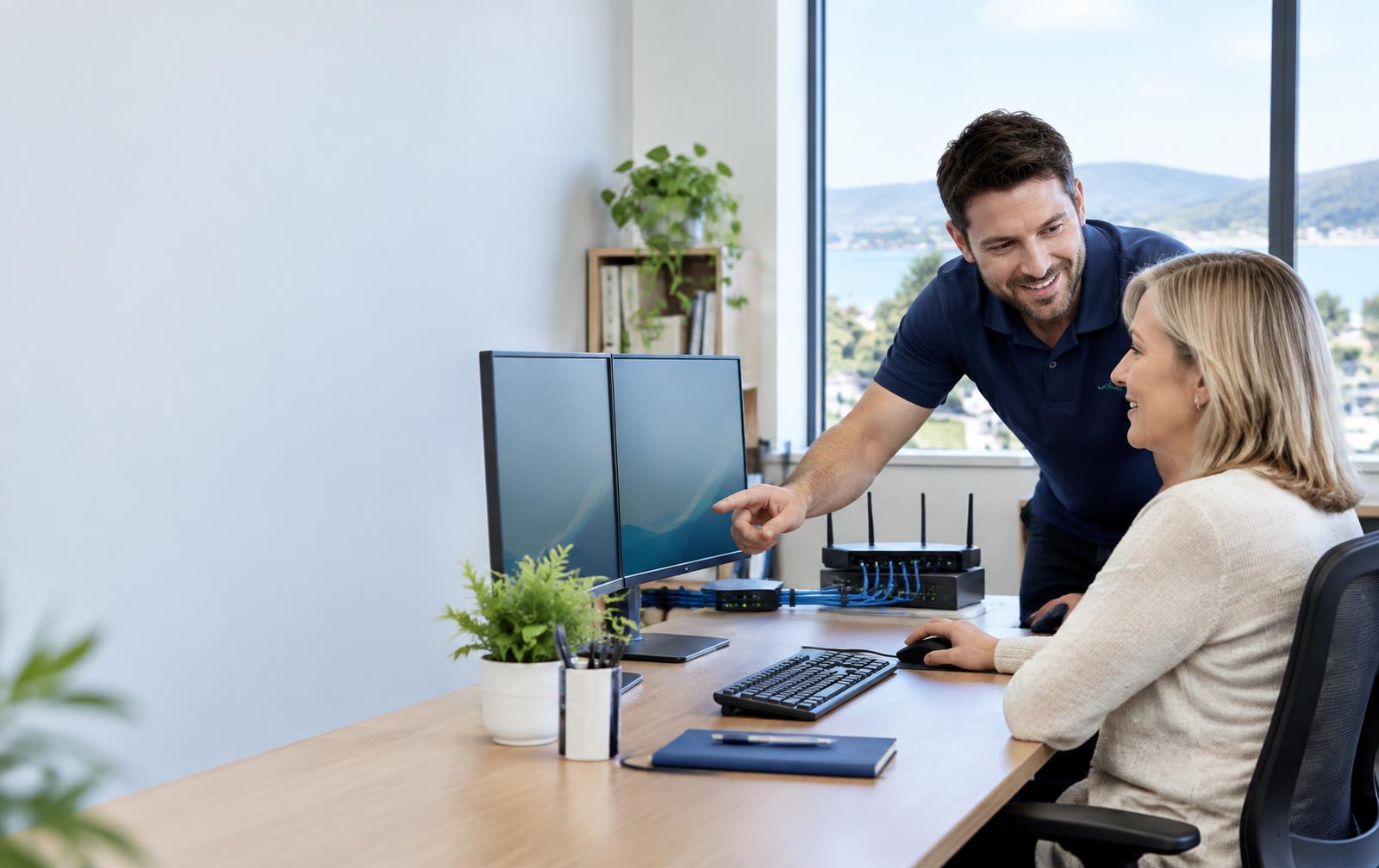 IT support specialist helping a client with their computer and network